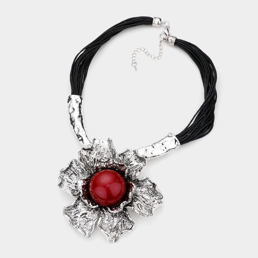 Silver Textured Metal Flower Pendant Faux Leather Necklace - Jewelry Store by Erik Rayo