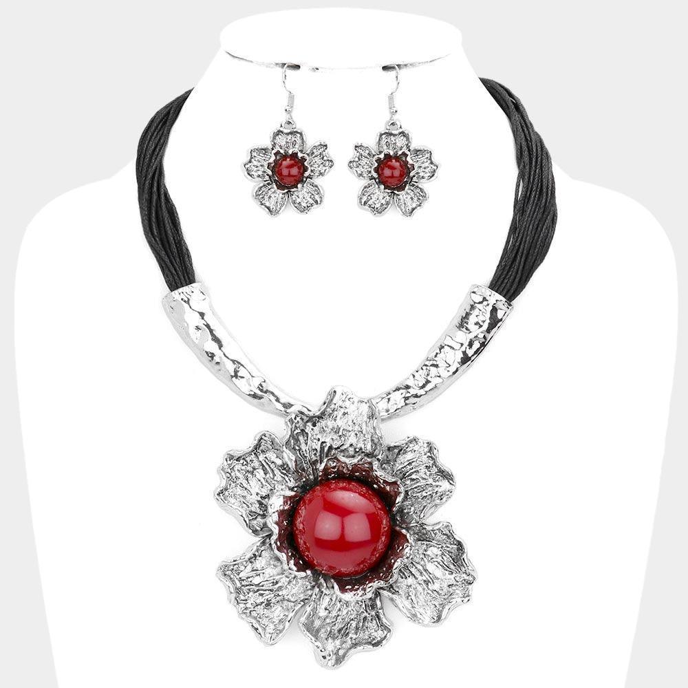 Silver Textured Metal Flower Pendant Faux Leather Necklace - Jewelry Store by Erik Rayo