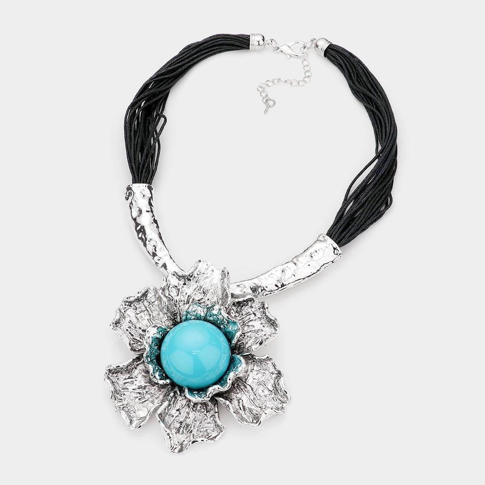 Turquoise Textured Metal Flower Pendant Faux Leather Necklace - Jewelry Store by Erik Rayo