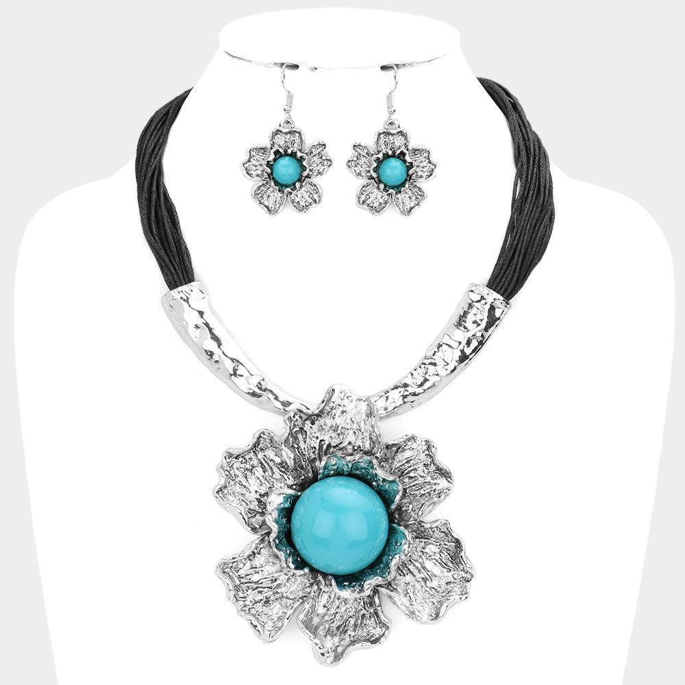 Turquoise Textured Metal Flower Pendant Faux Leather Necklace - Jewelry Store by Erik Rayo