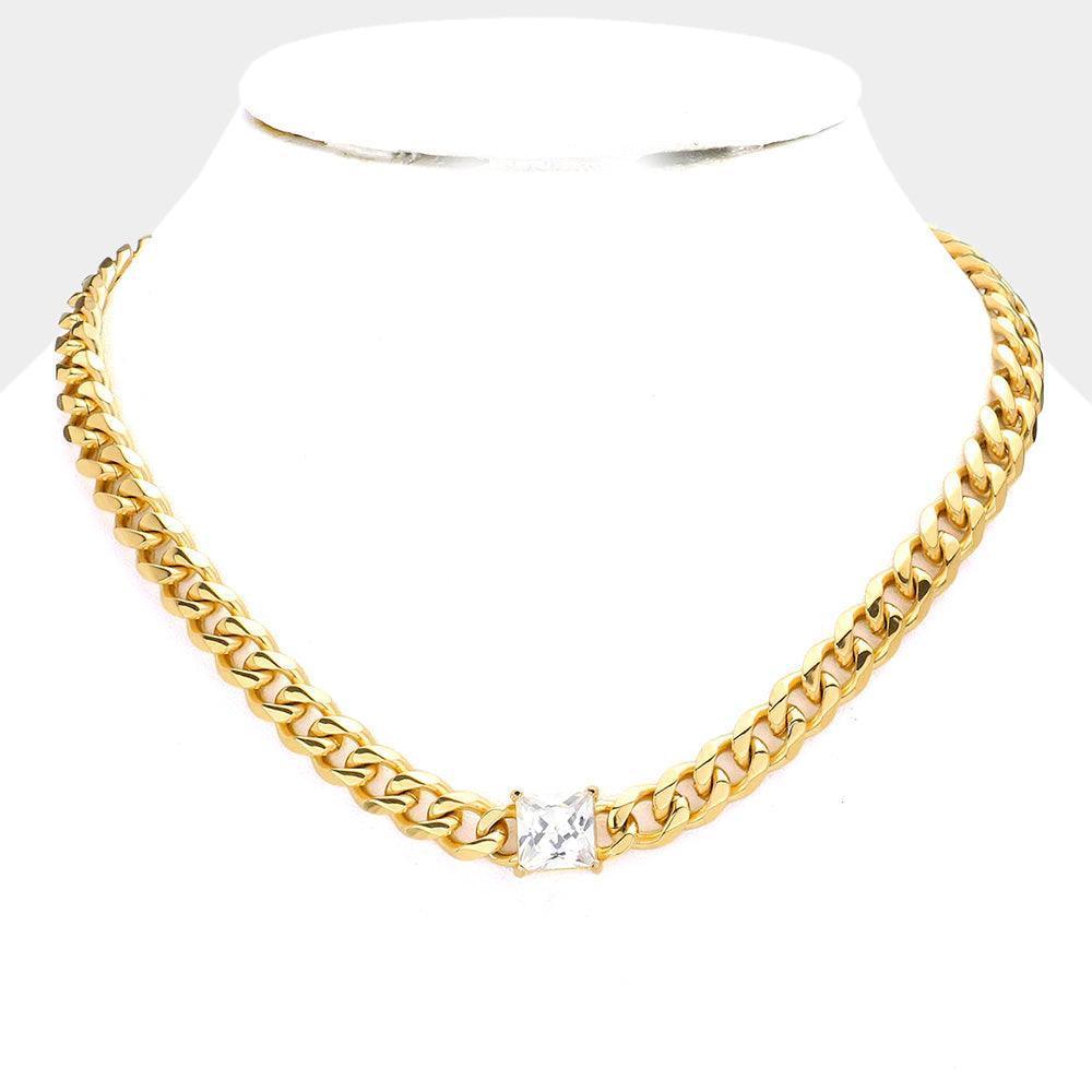 Gold 18K Gold Dipped Stainless Steel CZ Square Stone Accented Necklace - Jewelry Store by Erik Rayo
