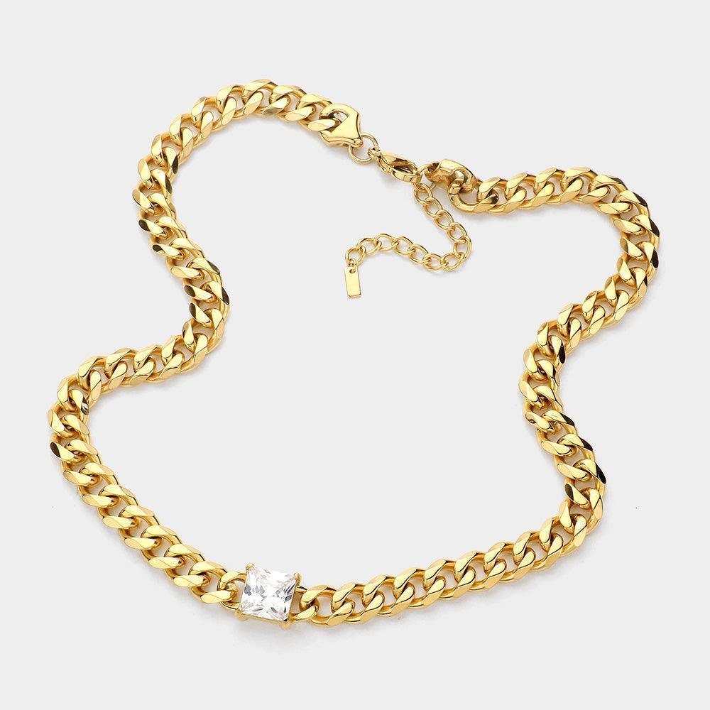 Gold 18K Gold Dipped Stainless Steel CZ Square Stone Accented Necklace - Jewelry Store by Erik Rayo
