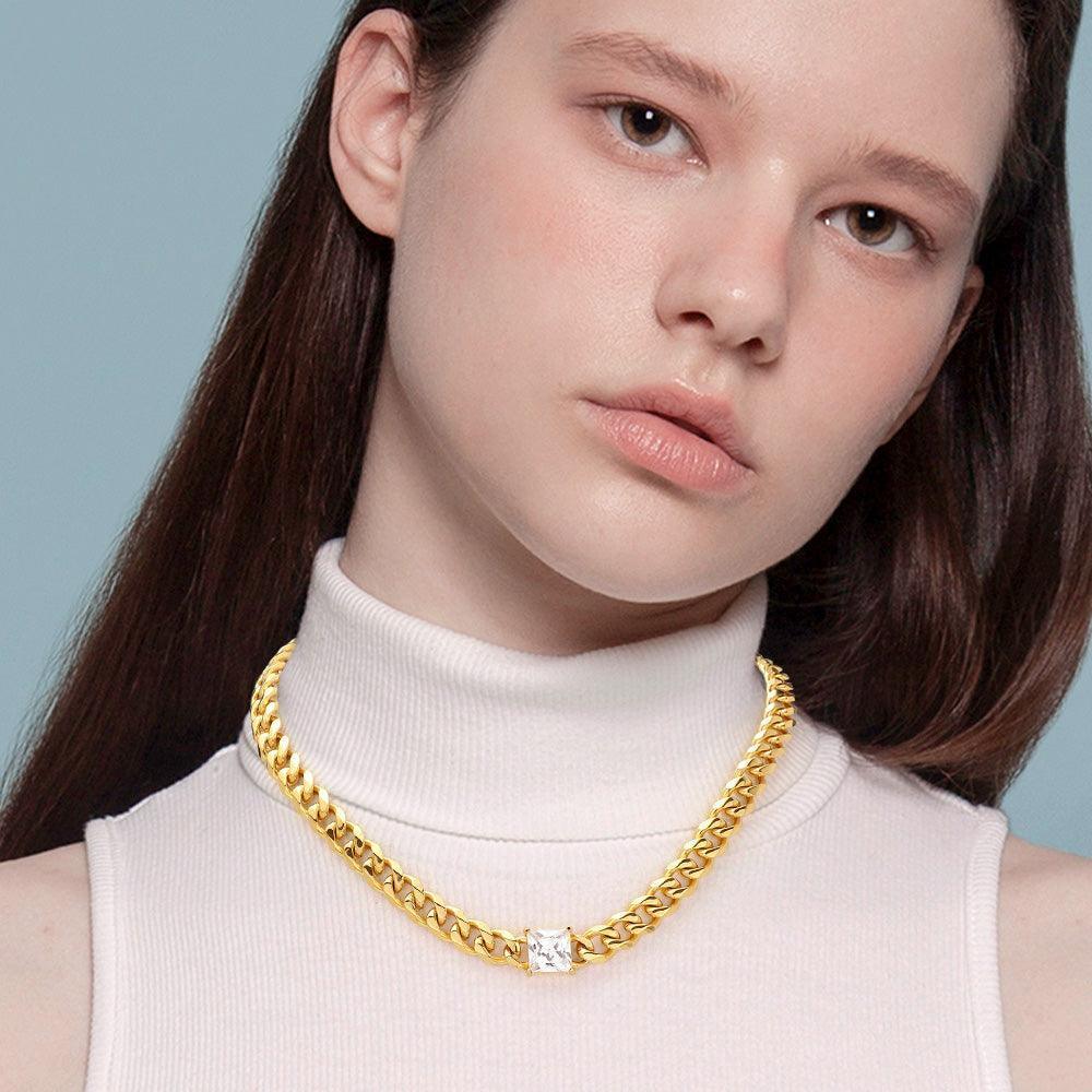 Gold 18K Gold Dipped Stainless Steel CZ Square Stone Accented Necklace - Jewelry Store by Erik Rayo