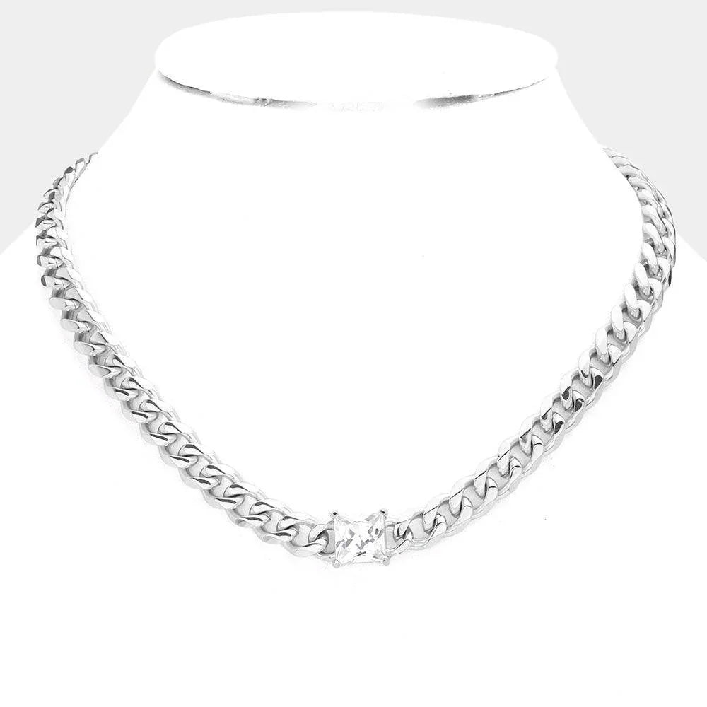 Stainless Steel CZ Square Stone Accented Necklace - Jewelry Store by Erik Rayo