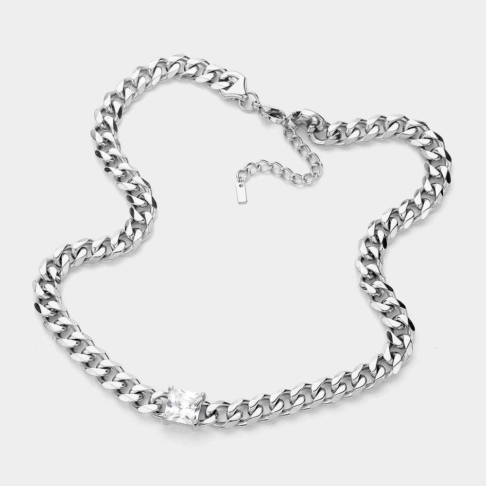 Stainless Steel CZ Square Stone Accented Necklace - Jewelry Store by Erik Rayo