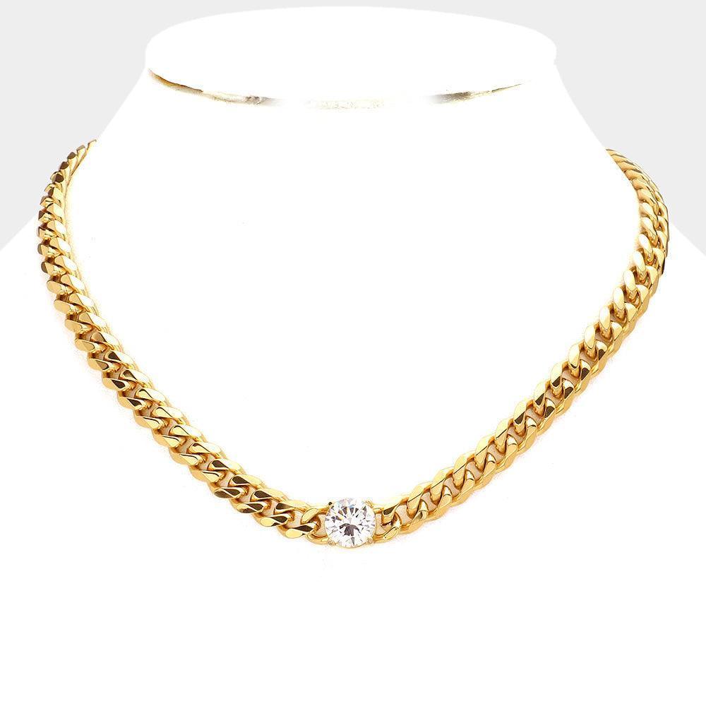 Gold 18K Gold Dipped Stainless Steel CZ Round Stone Accented Necklace - Jewelry Store by Erik Rayo