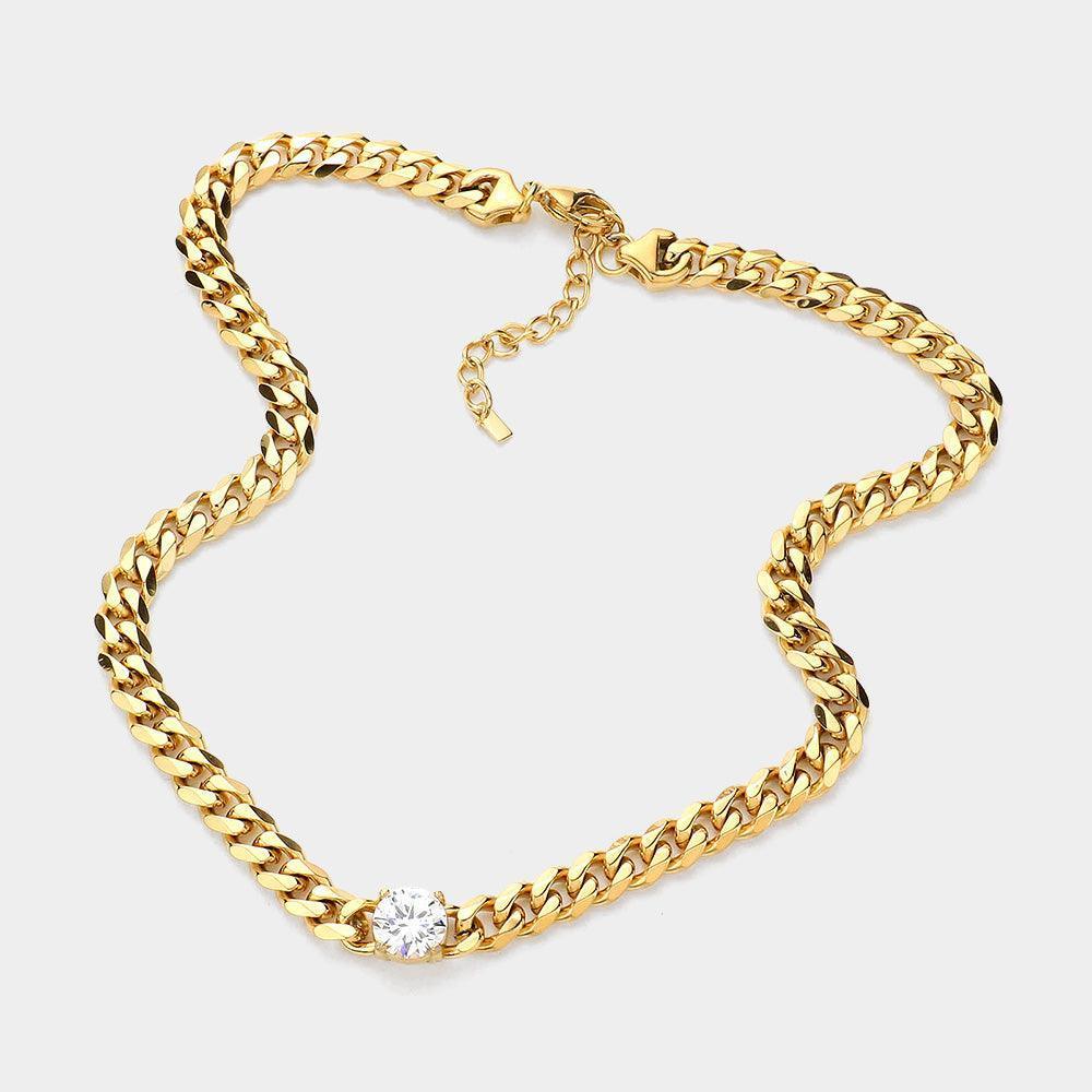Gold 18K Gold Dipped Stainless Steel CZ Round Stone Accented Necklace - Jewelry Store by Erik Rayo