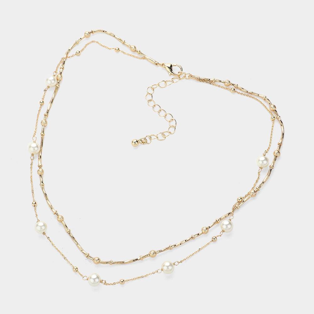 Cream Pearl Station Metal Ball Textured Metal Chain Station Layered Necklace - Jewelry Store by Erik Rayo