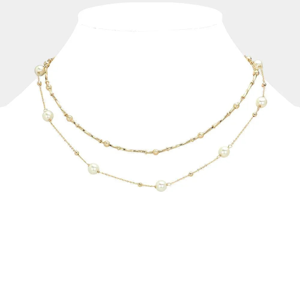 Cream Pearl Station Metal Ball Textured Metal Chain Station Layered Necklace - Jewelry Store by Erik Rayo