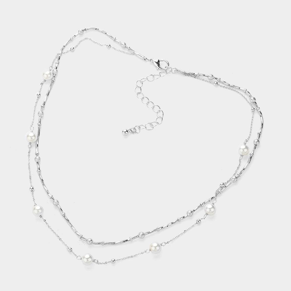 Cream Pearl Station Metal Ball Textured Metal Chain Station Layered Necklace - Jewelry Store by Erik Rayo