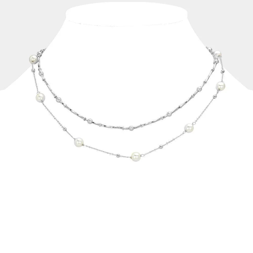 Cream Pearl Station Metal Ball Textured Metal Chain Station Layered Necklace - Jewelry Store by Erik Rayo