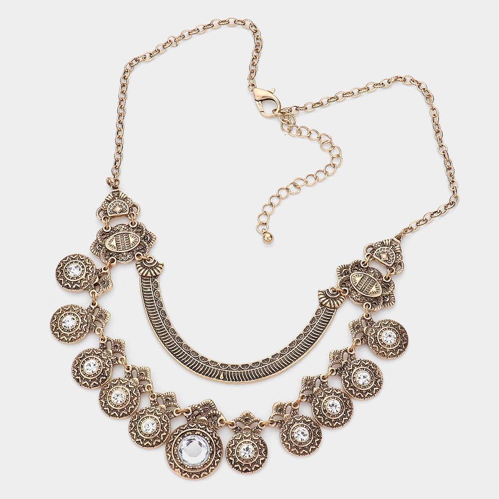 Gold Round Stone Centered Antique Metal Link Bib Necklace - Jewelry Store by Erik Rayo