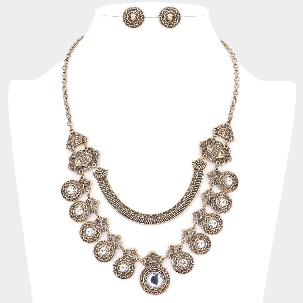 Gold Round Stone Centered Antique Metal Link Bib Necklace - Jewelry Store by Erik Rayo