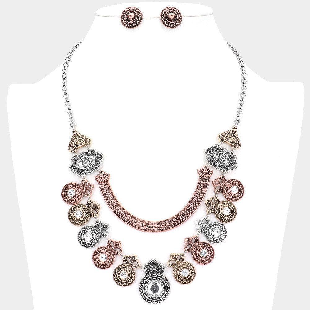 Three Tone Round Stone Centered Antique Metal Link Bib Necklace - Jewelry Store by Erik Rayo