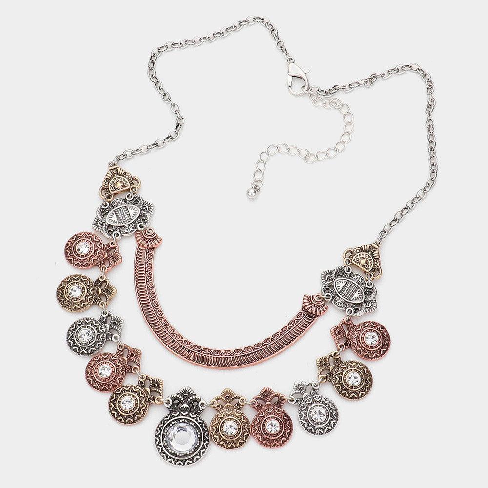 Three Tone Round Stone Centered Antique Metal Link Bib Necklace - Jewelry Store by Erik Rayo