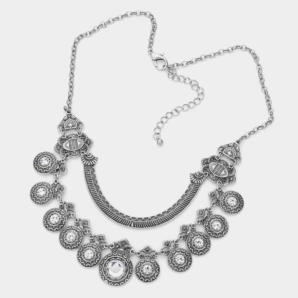 Silver Round Stone Centered Antique Metal Link Bib Necklace - Jewelry Store by Erik Rayo