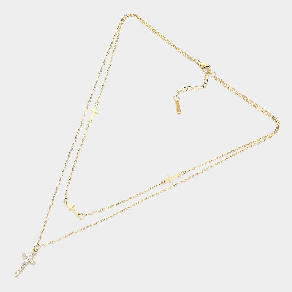 Gold Stainless Steel Stone Paved Cross Pendant Double Layered Necklace - Jewelry Store by Erik Rayo