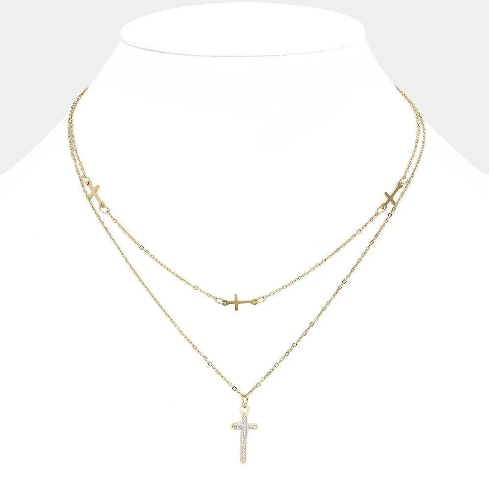 Gold Stainless Steel Stone Paved Cross Pendant Double Layered Necklace - Jewelry Store by Erik Rayo