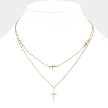 Load image into Gallery viewer, Gold Stainless Steel Stone Paved Cross Pendant Double Layered Necklace
