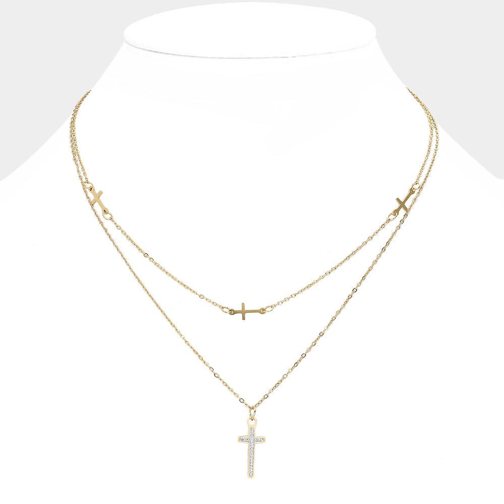 Gold Stainless Steel Stone Paved Cross Pendant Double Layered Necklace