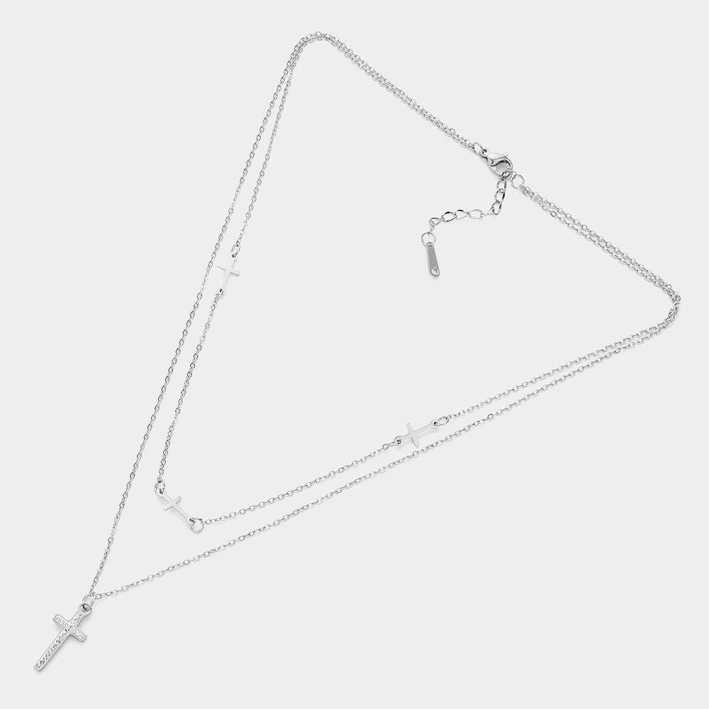 Silver Stainless Steel Stone Paved Cross Pendant Double Layered Necklace - Jewelry Store by Erik Rayo