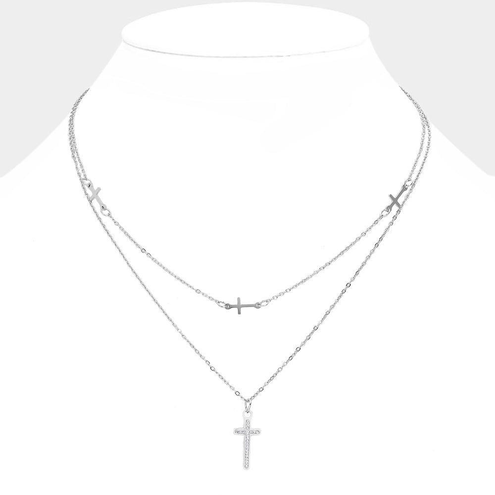 Silver Stainless Steel Stone Paved Cross Pendant Double Layered Necklace