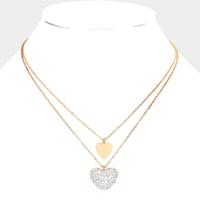 Load image into Gallery viewer, White Metal Rhinestone Pave Heart Pendant Double Layered Necklace
