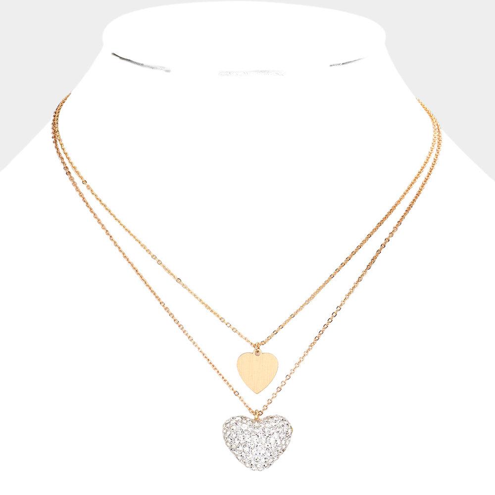 White Metal Rhinestone Pave Heart Pendant Double Layered Necklace