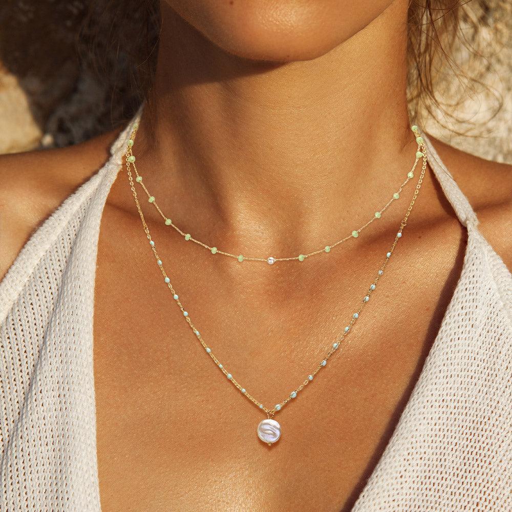 Gold Pearl Pendant Faceted Beads Station Double Layered Necklace - Jewelry Store by Erik Rayo