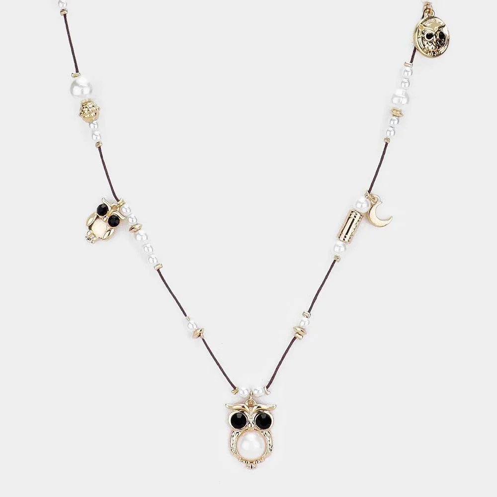 White Owl & Crescent Pearl Beaded String Necklace - Jewelry Store by Erik Rayo