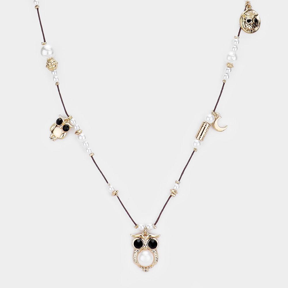 White Owl & Crescent Pearl Beaded String Necklace