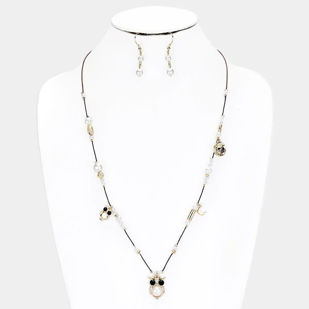White Owl & Crescent Pearl Beaded String Necklace - Jewelry Store by Erik Rayo