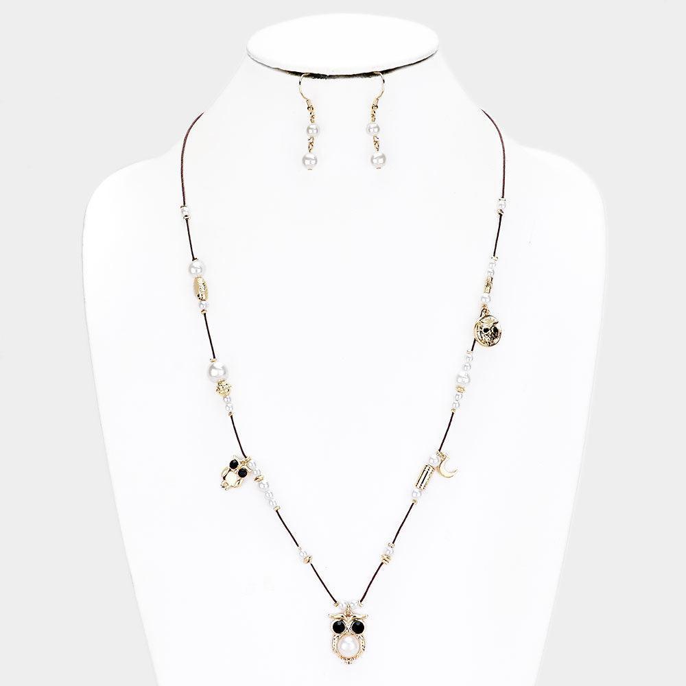 White Owl & Crescent Pearl Beaded String Necklace