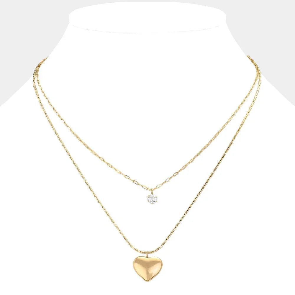 Gold Stainless Steel Heart Stone Cluster Pendant Layered Necklace - Jewelry Store by Erik Rayo
