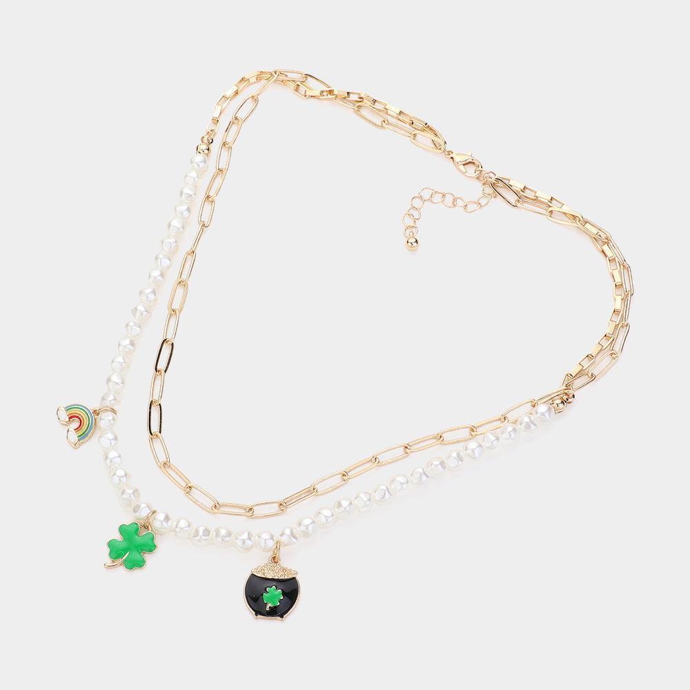 Green St. Patrick's Day Enamel Rainbow Clover Pot of Gold Pendant Double Layered Necklace - Jewelry Store by Erik Rayo