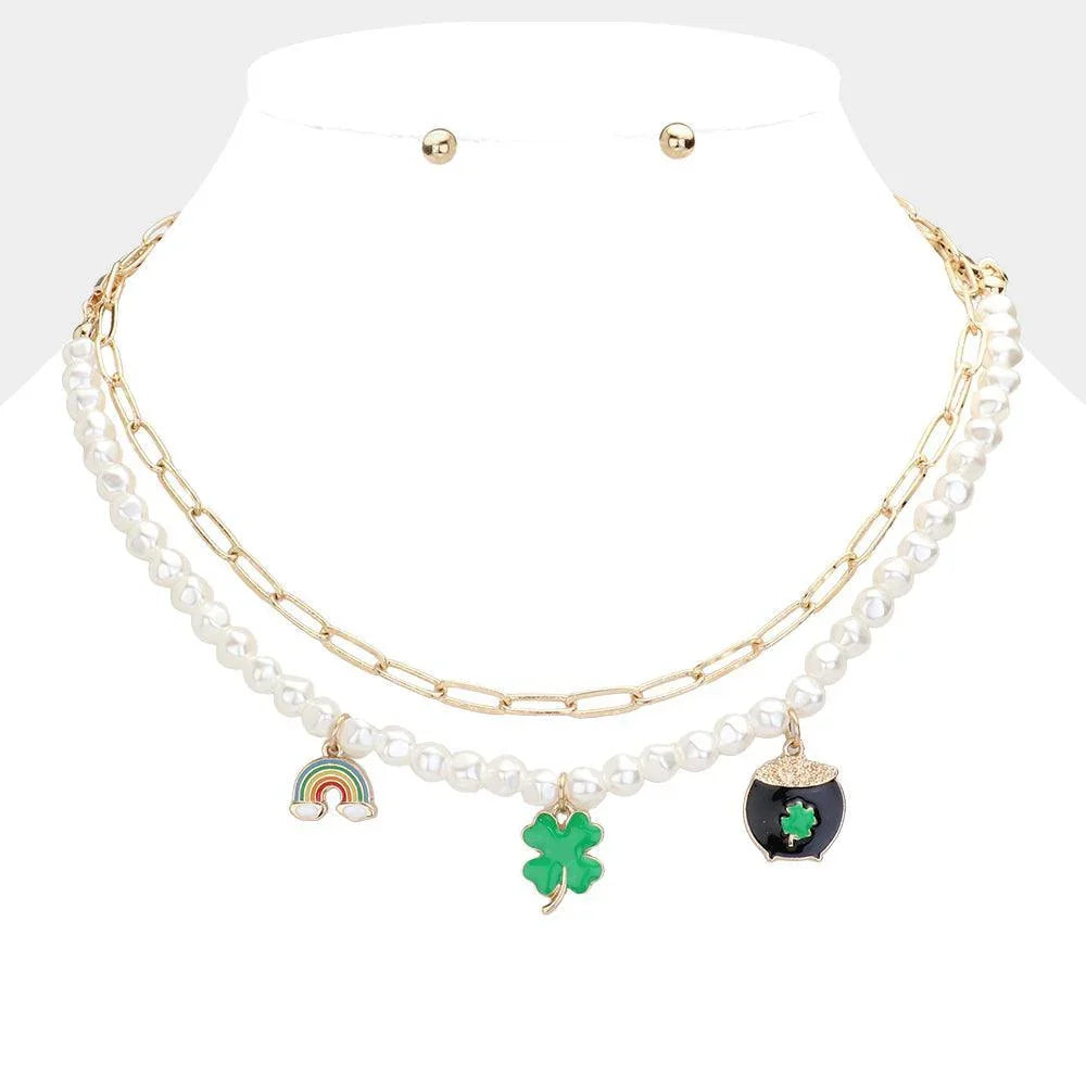 Green St. Patrick's Day Enamel Rainbow Clover Pot of Gold Pendant Double Layered Necklace - Jewelry Store by Erik Rayo