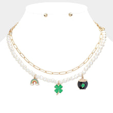 Load image into Gallery viewer, Green St. Patrick&#39;s Day Enamel Rainbow Clover Pot of Gold Pendant Double Layered Necklace
