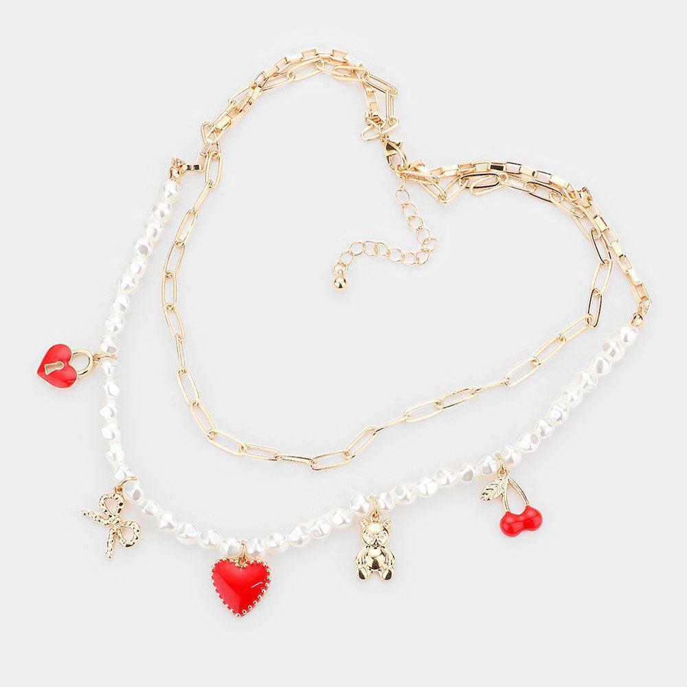 Gold Enamel Heart Lock Cherry Metal Bow Bear Pendant Double Layered Necklace - Jewelry Store by Erik Rayo