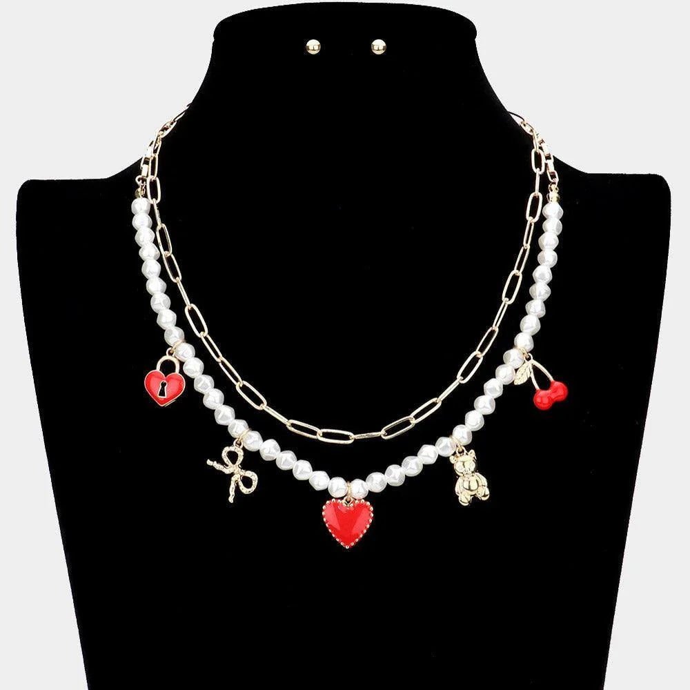 Gold Enamel Heart Lock Cherry Metal Bow Bear Pendant Double Layered Necklace - Jewelry Store by Erik Rayo