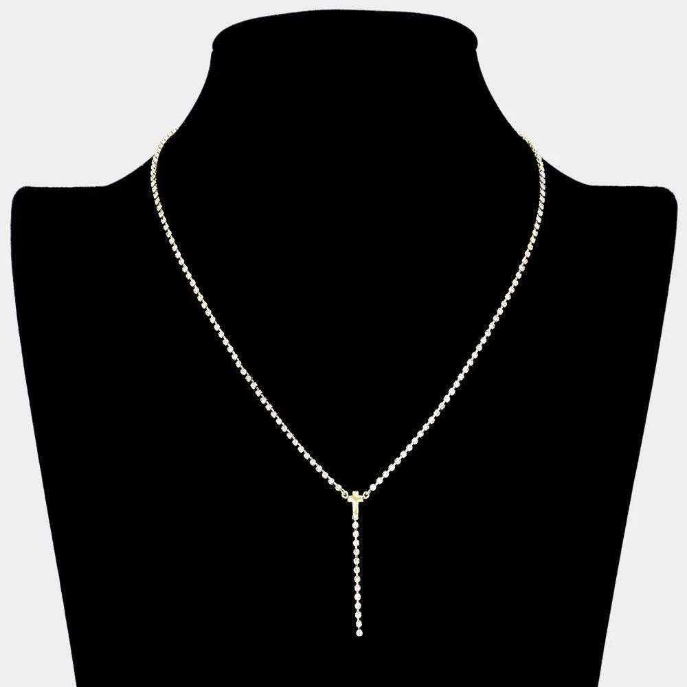 Gold Brass Metal Dainty Rhinestone Chain Cross Pendant Necklace - Jewelry Store by Erik Rayo