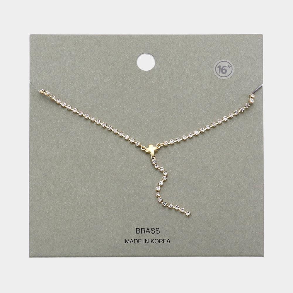 Gold Brass Metal Dainty Rhinestone Chain Cross Pendant Necklace - Jewelry Store by Erik Rayo