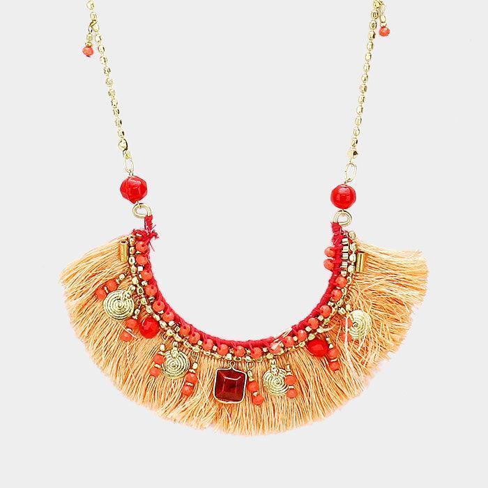 Multi Bead Detail Thread Fringe Long Necklace - Jewelry Store by Erik Rayo