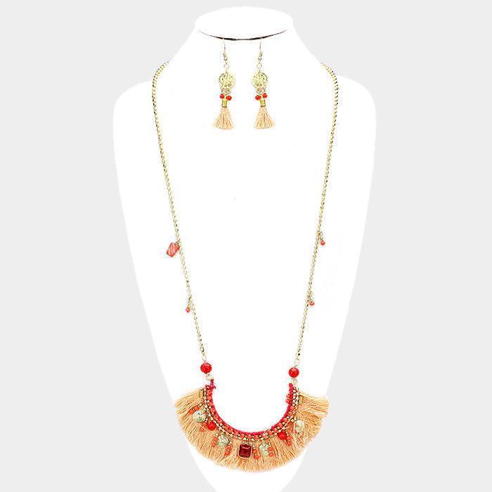 Multi Bead Detail Thread Fringe Long Necklace - Jewelry Store by Erik Rayo