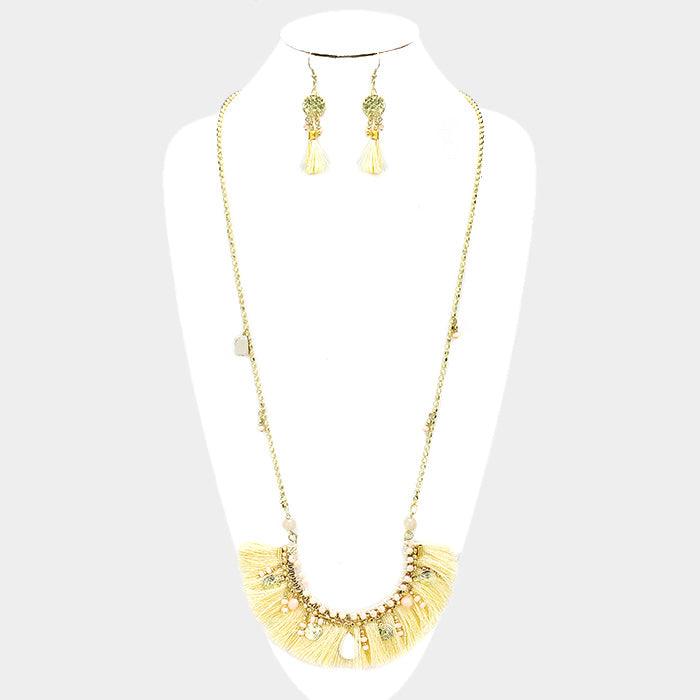 Multi Bead Detail Thread Fringe Long Necklace