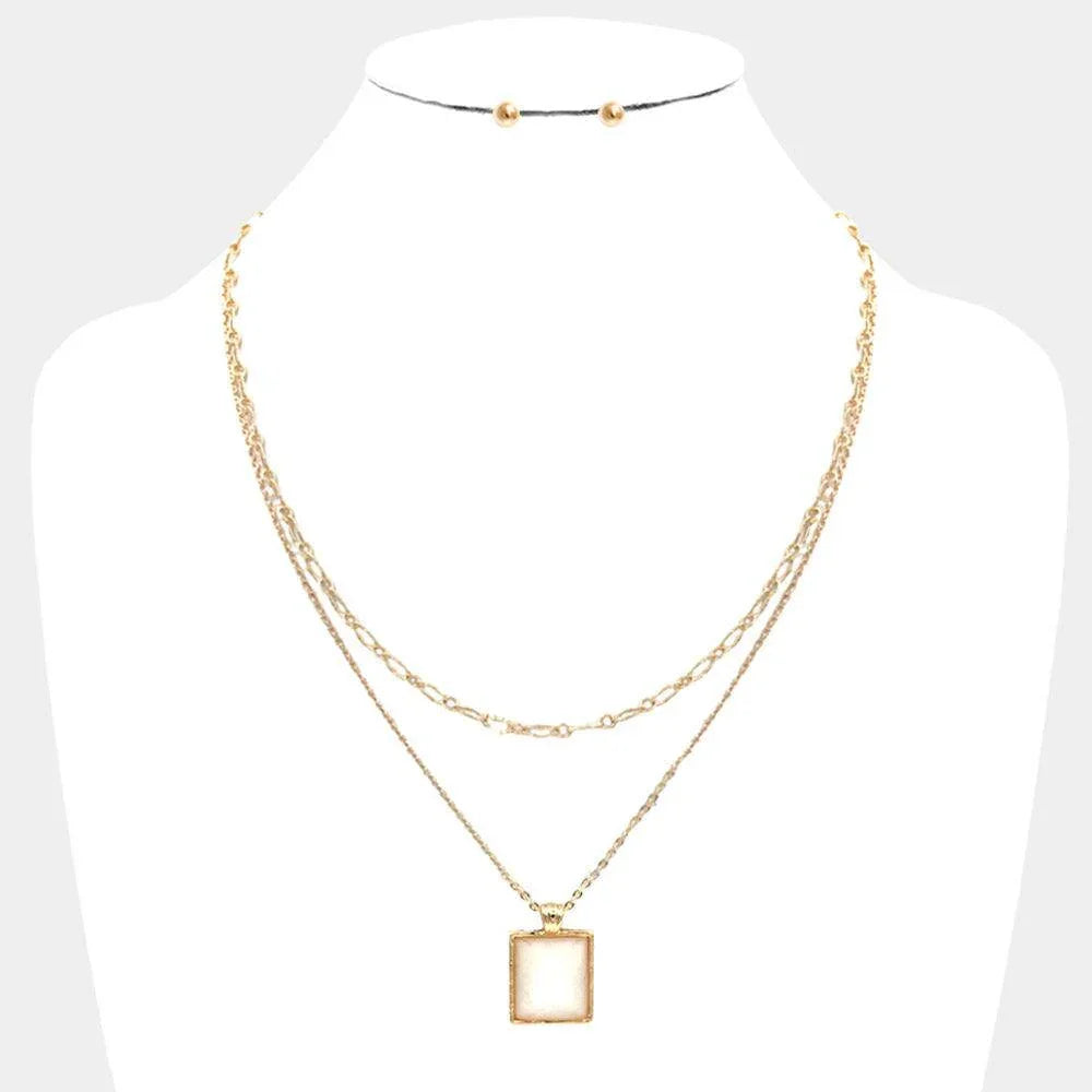 White Glittered Rectangle Pendant Double Layered Necklace - Jewelry Store by Erik Rayo