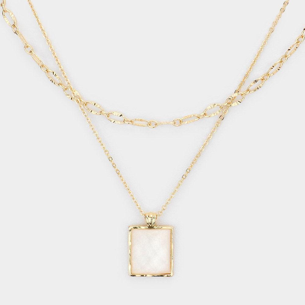 White Glittered Rectangle Pendant Double Layered Necklace - Jewelry Store by Erik Rayo