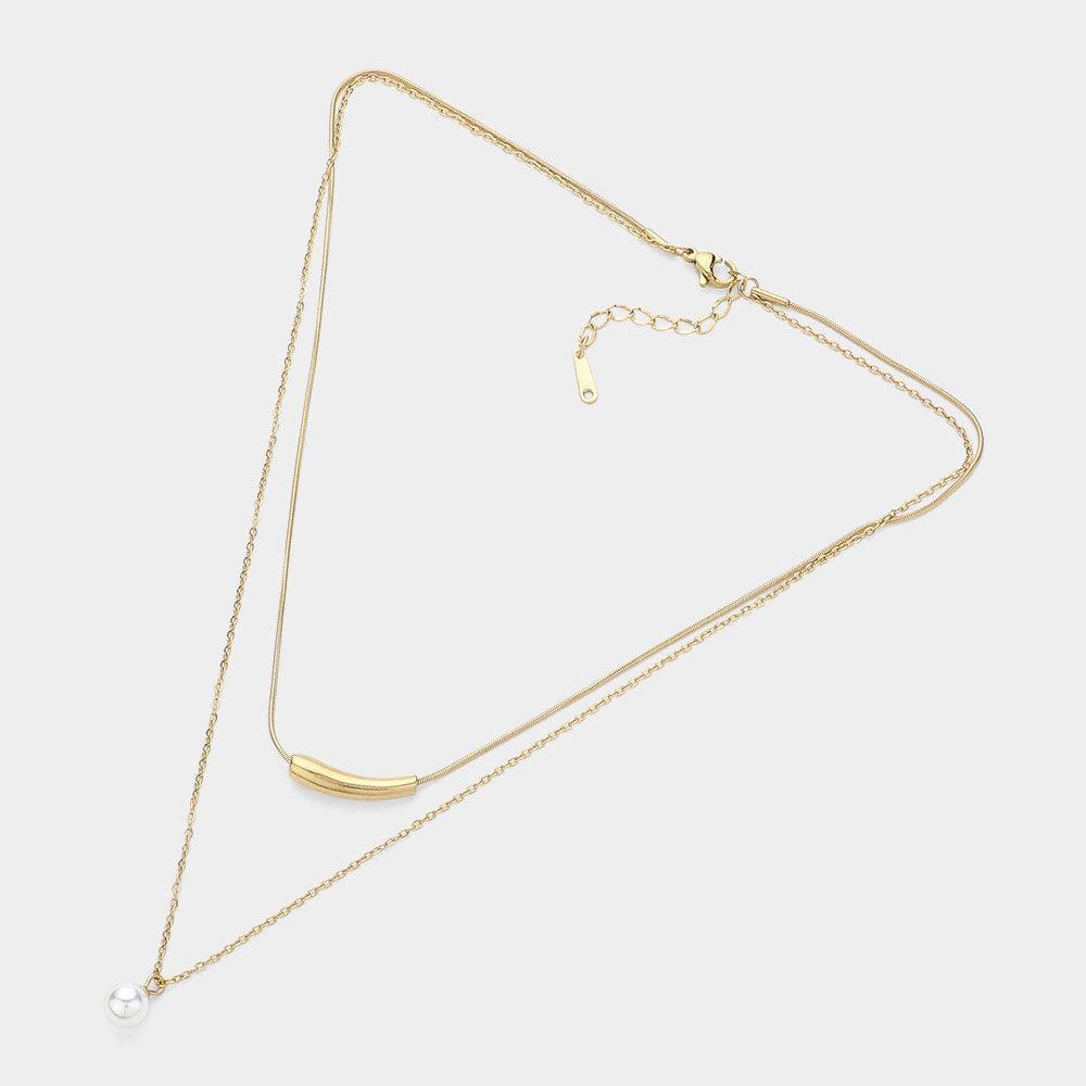 Cream Stainless Steel Pearl Metal Bar Pointed Double Layered Necklace - Jewelry Store by Erik Rayo