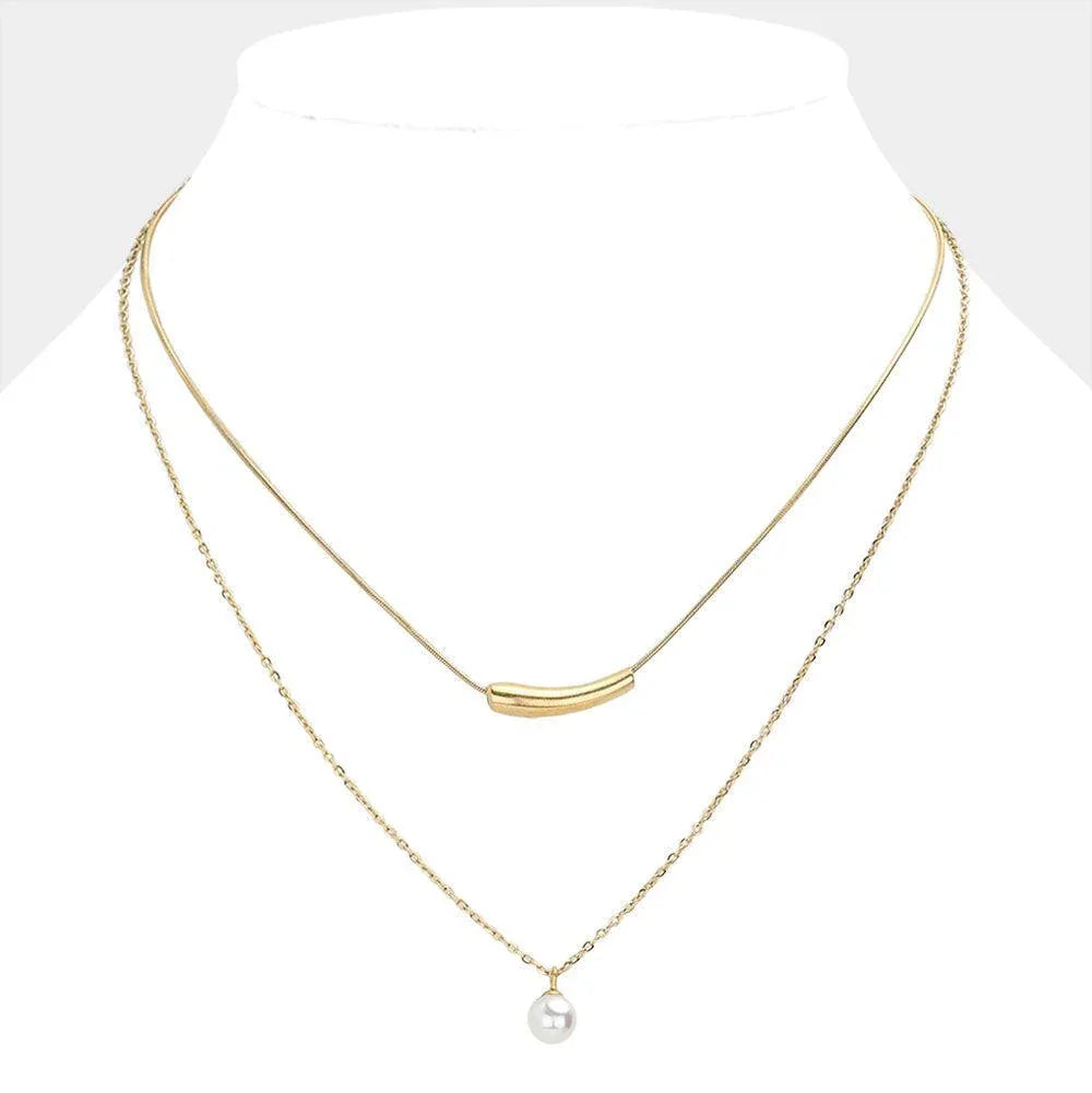 Cream Stainless Steel Pearl Metal Bar Pointed Double Layered Necklace - Jewelry Store by Erik Rayo
