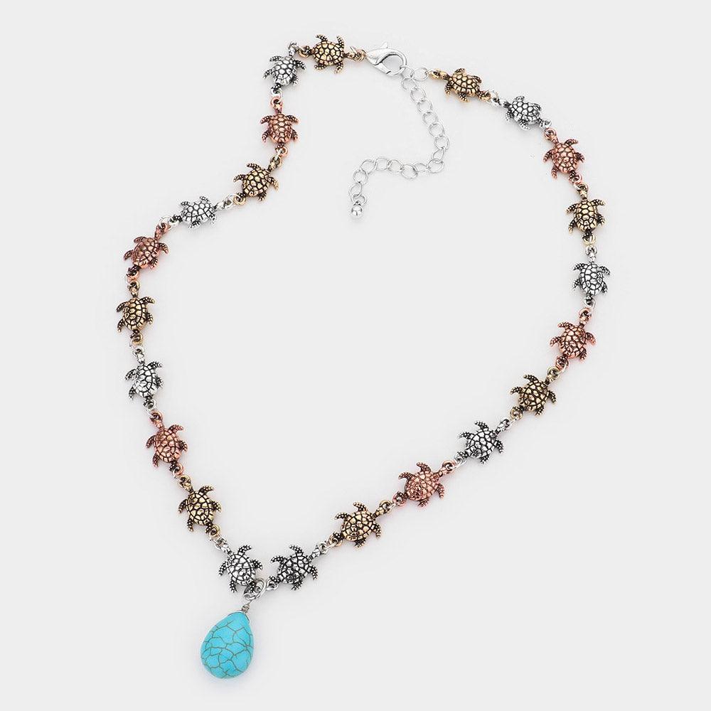 Three Tone Antique Metal Turtle Links Natural Stone Pendant Necklace - Jewelry Store by Erik Rayo