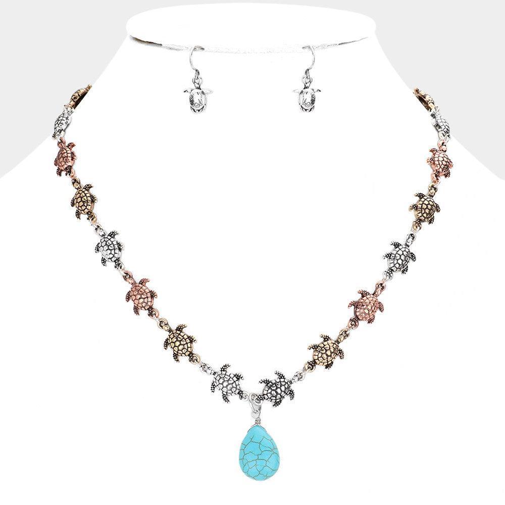 Three Tone Antique Metal Turtle Links Natural Stone Pendant Necklace - Jewelry Store by Erik Rayo